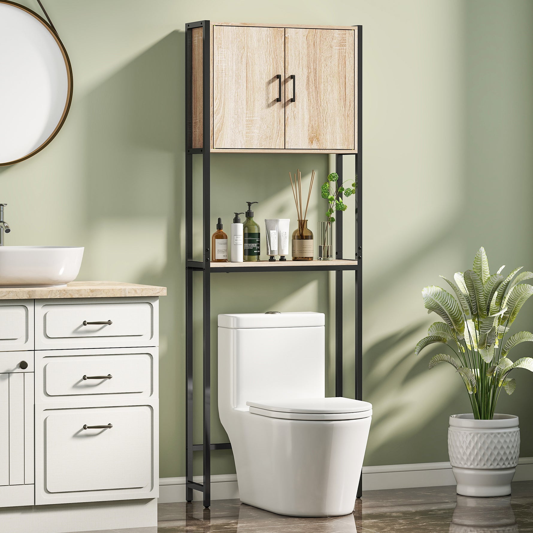 Étagère de toilettes meuble de salle de bain dessus toilette WC avec placard 2 portes et étagère ouverte