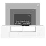 Meuble TV, banc TV, meuble de télévision, jusqu'à 60 pouces, avec lumières LED, 2 étagères et placards, panneau de porte brillant, 137 x 35 x 42 cm, blanc