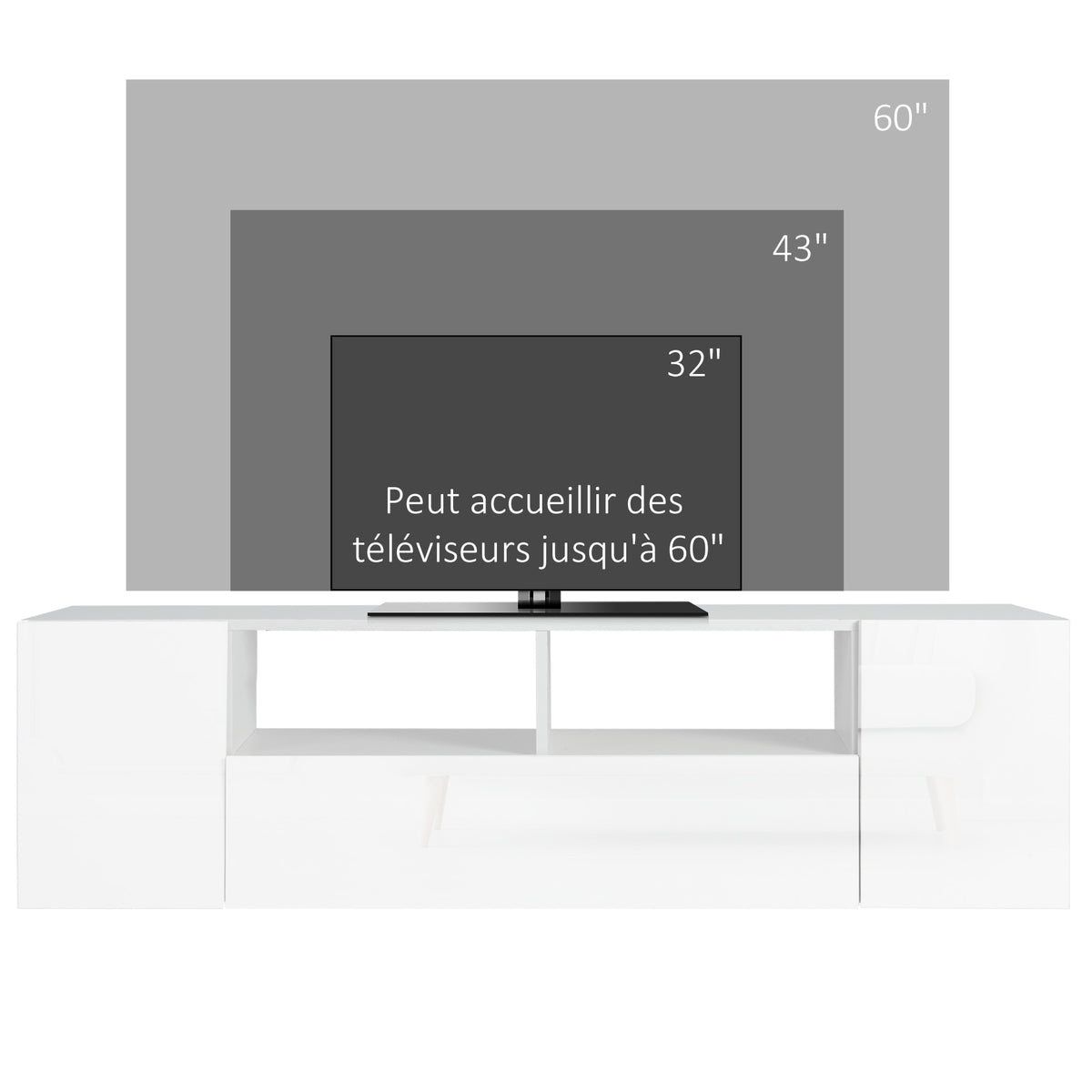 Meuble TV, banc TV, meuble de télévision, jusqu'à 60 pouces, avec lumières LED, 2 étagères et placards, panneau de porte brillant, 137 x 35 x 42 cm, blanc