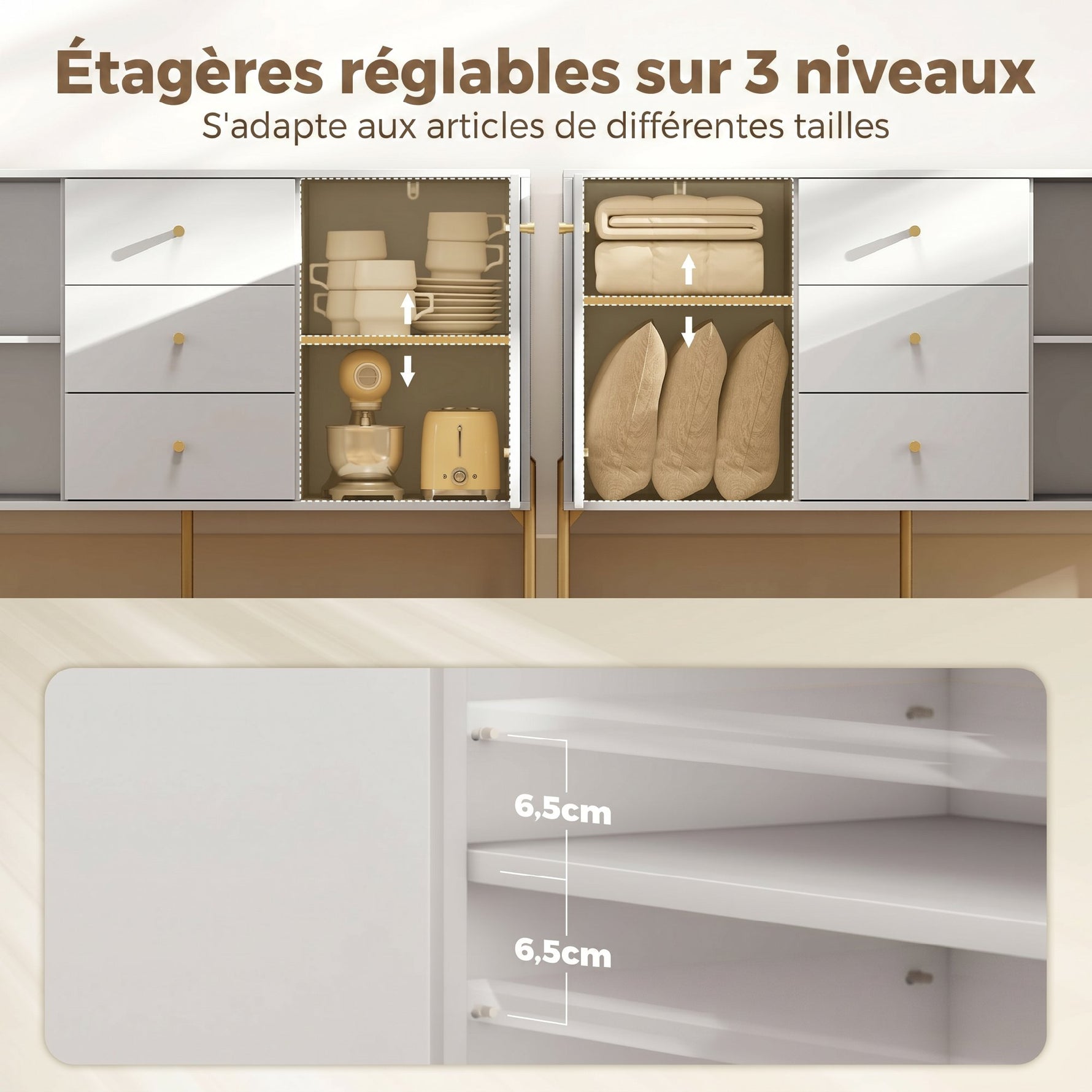 Buffet cuisine, meuble de rangement avec 2 portes, 3 tiroirs silencieux, 2 étagères réglables, 5 pieds en acier, blanc