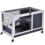 Clapier lapin intérieur, cage lapin avec toit ouvrant, roulettes, plateau amovible et rampe, cage en bois, 90 x 53 x 59 cm, gris foncé et blanc