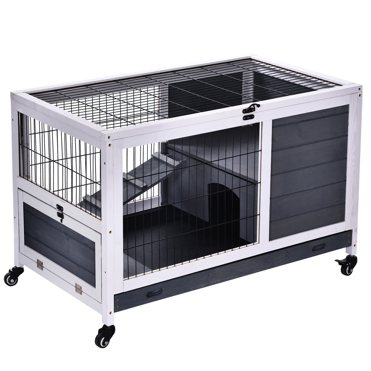 Clapier lapin intérieur, cage lapin avec toit ouvrant, roulettes, plateau amovible et rampe, cage en bois, 90 x 53 x 59 cm, gris foncé et blanc