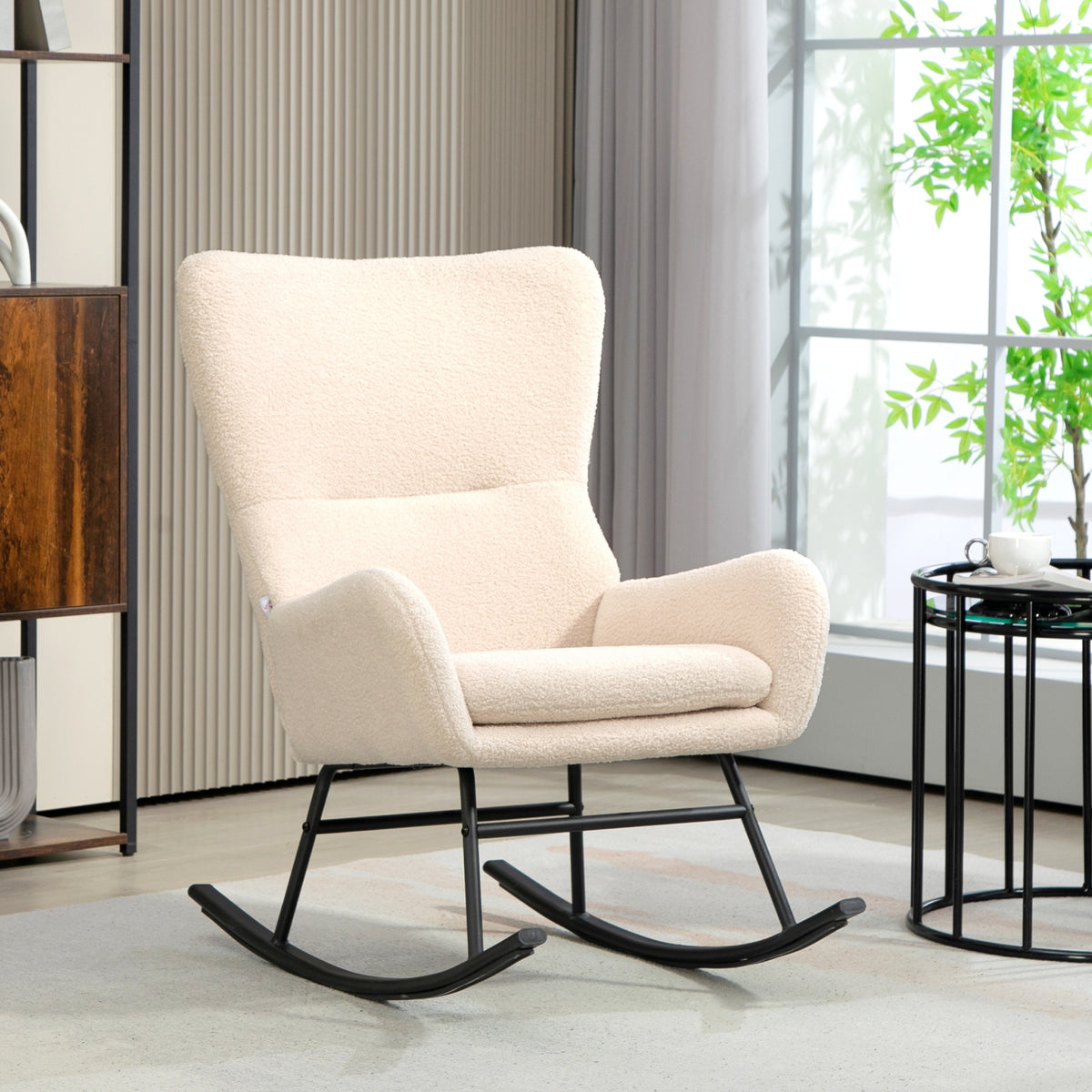 Fauteuil à bascule, chaise à bascule, avec assise de 10 cm d'épaisseur, pieds incurvés en acier, beige et noir