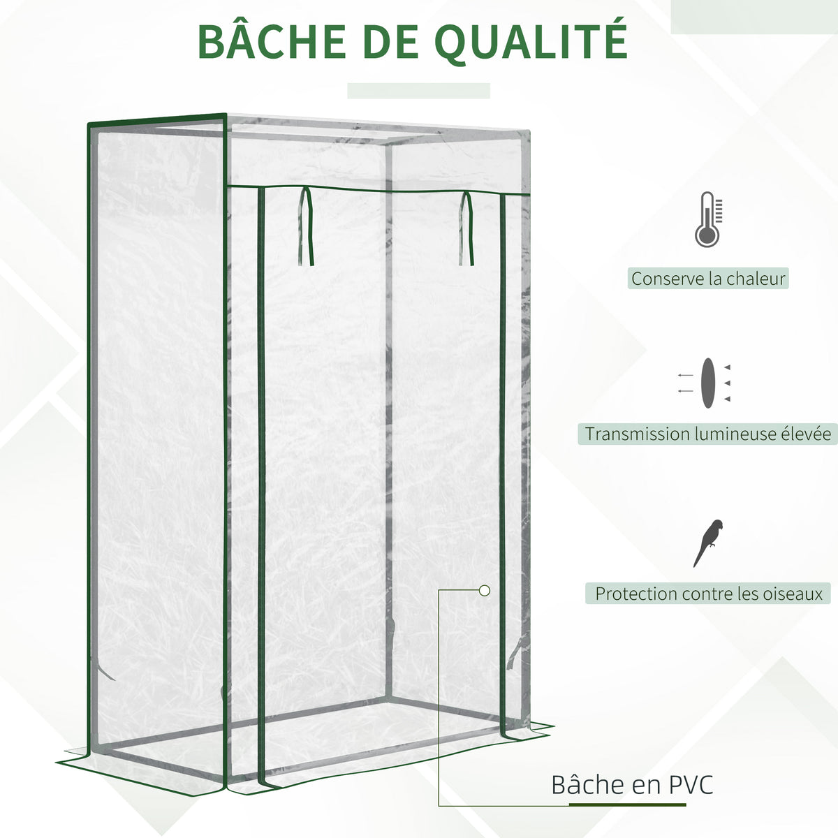 Serre de jardin, serre de balcon, bâche renforcée PVC, châssis en acier, porte zippée enroulable, pour légumes plantes fleurs en toutes saisons intérieur et extérieur, 100 x 50 x 150 cm blanc