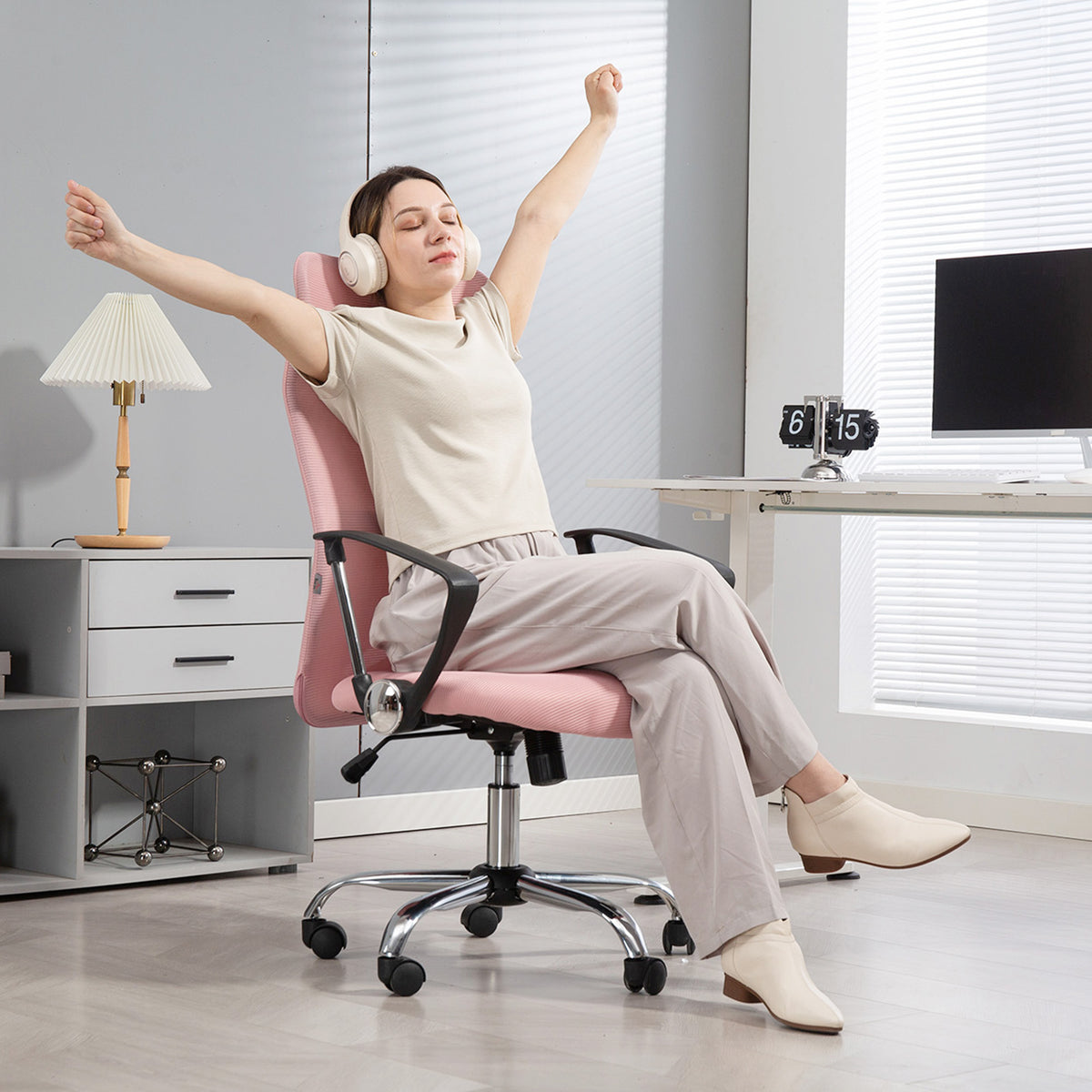 Fauteuil de bureau manager dossier ergonomique hauteur assise réglable pivotant tissu maille 63x65x119109-119cm rose