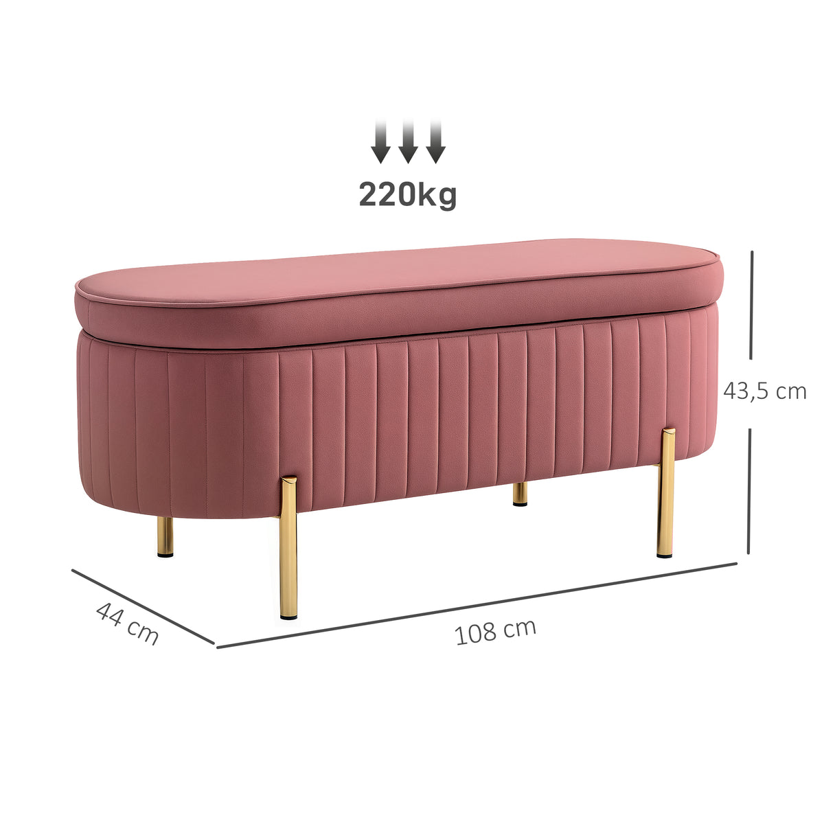 Banc de rangement, bout de lit en velours avec couvercle, pieds en métal, capacité 72 L, 108x44x43,5cm, rose