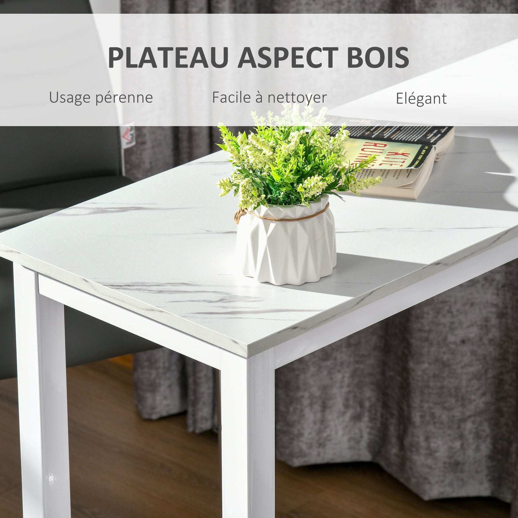 Table de bar table haute de cuisine mange-debout 120 x 40 x 100 cm châssis piètement acier, plateau aspect marbre blanc