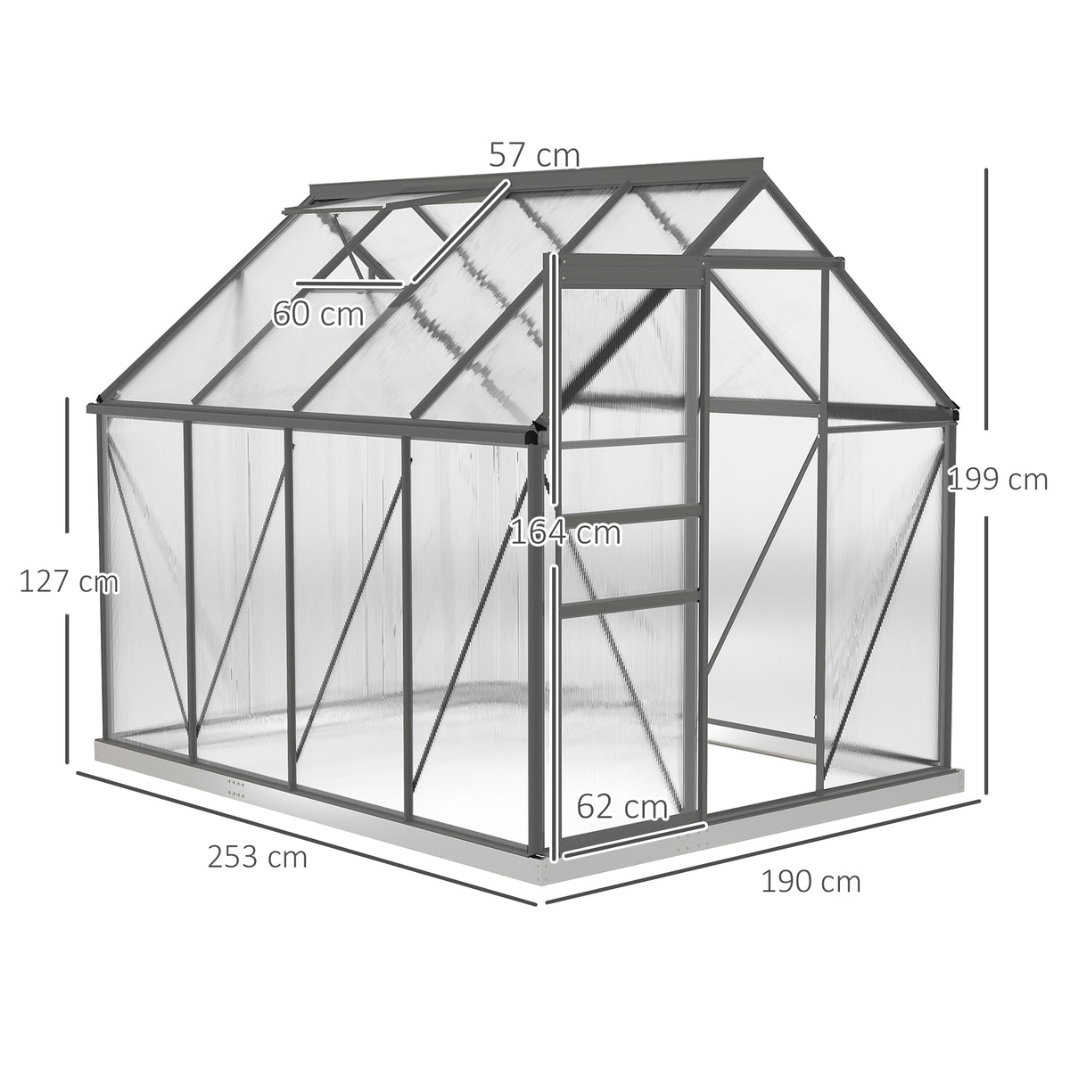 Serre de jardin en polycarbonate 4,8 m²avec fondation, lucarne réglable, porte coulissante 1,9x2,53x1,99m transparent