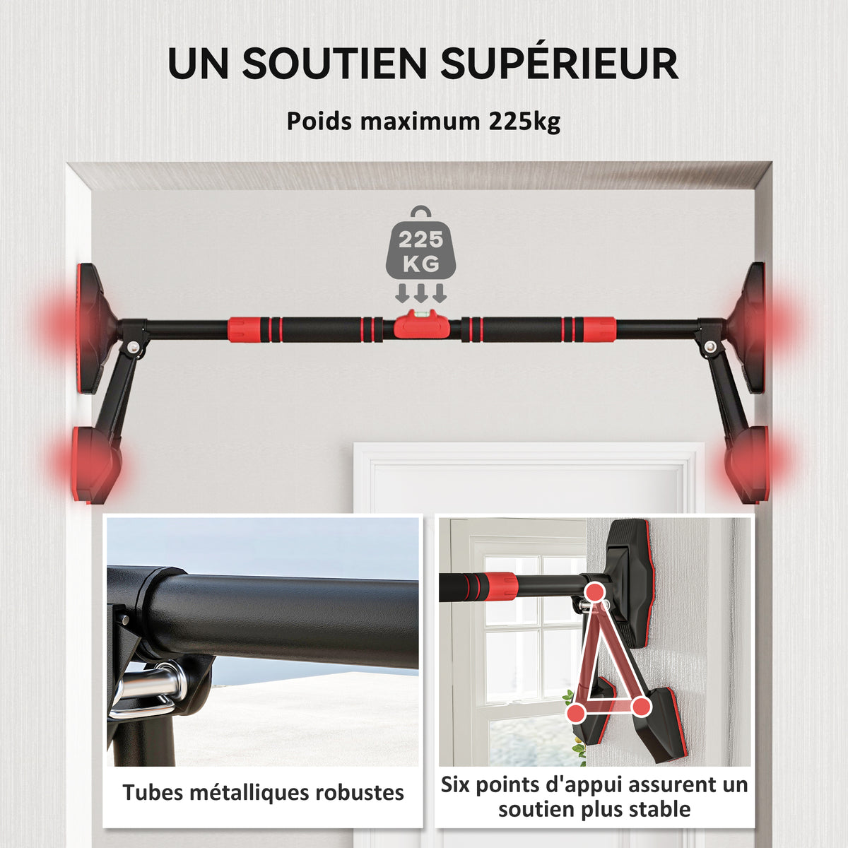 Sbarra per trazioni regolabile da 78 a 120 cm, sbarra per porta con livella integrata, struttura triangolare, fino a 225 kg, nero