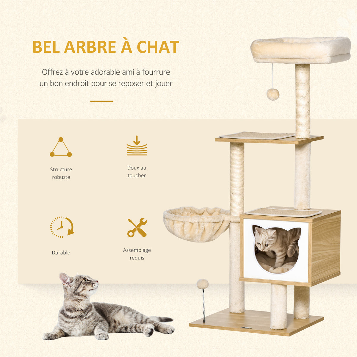 Arbre à chat griffoirs grattoirs multi-équipements niche hamac panier coussins amovibles hauteur 126 cm peluche courte sisal naturel beige