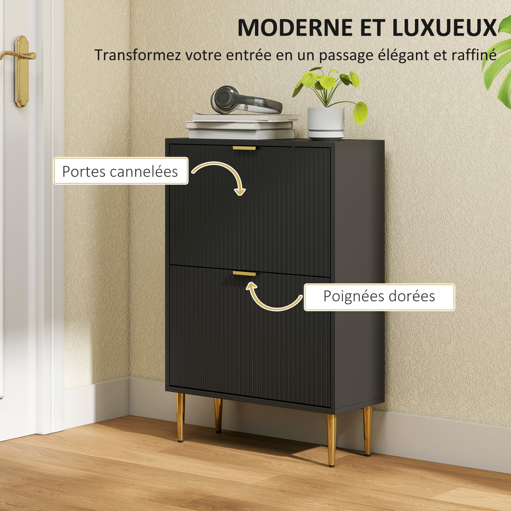 Meuble à chaussures 12 paires avec 2 tiroirs rabattables, portes cannelées et étagères réglables, 60x24x91,5cm, noir