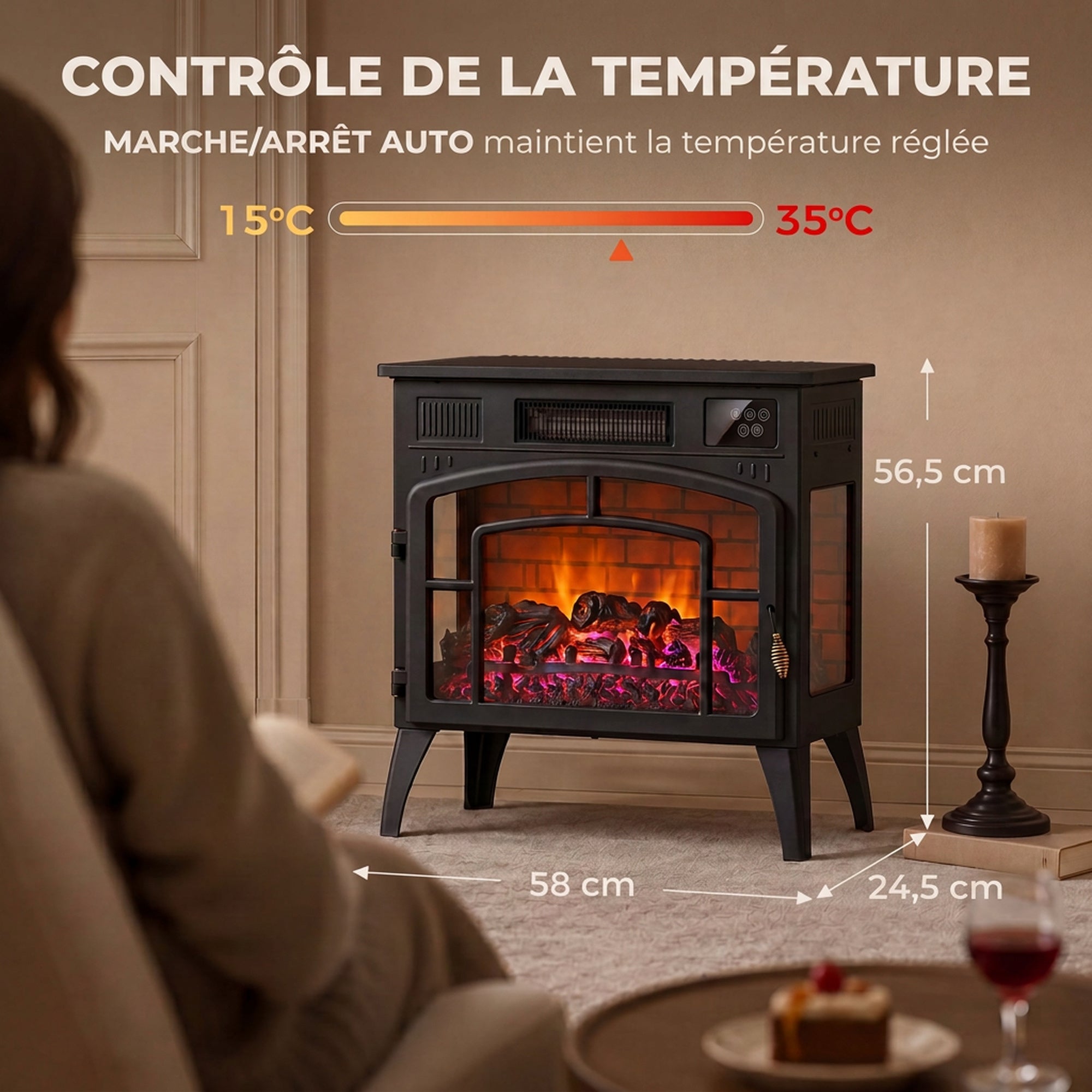 Elektrischer Kamin mit mehrfarbigem 3D-Flammeneffekt 1000W/2000W, einstellbarer Thermostat, App- und Sprachsteuerung, Schwarz