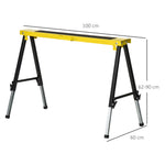 Lot de 2 Tréteaux Pliables Télescopiques Réglables en Hauteur, Poignée de Transport, Dim. 100L x 60l x 62-90H cm, Surface Antidérapante, Métal, Noir et Jaune