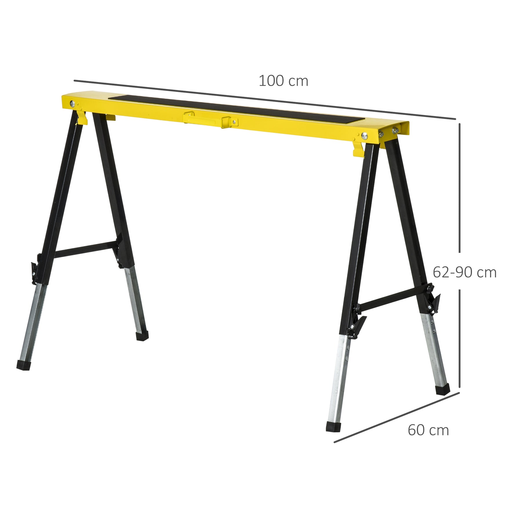 Lot de 2 Tréteaux Pliables Télescopiques Réglables en Hauteur, Poignée de Transport, Dim. 100L x 60l x 62-90H cm, Surface Antidérapante, Métal, Noir et Jaune