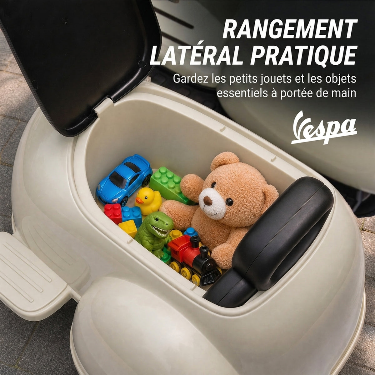 Elektrisches Kinder-Motorrad VESPA lizenziert 6V 2-Sitzer, Geschwindigkeit 3-5 km/h, Sanftanlauf, Creme