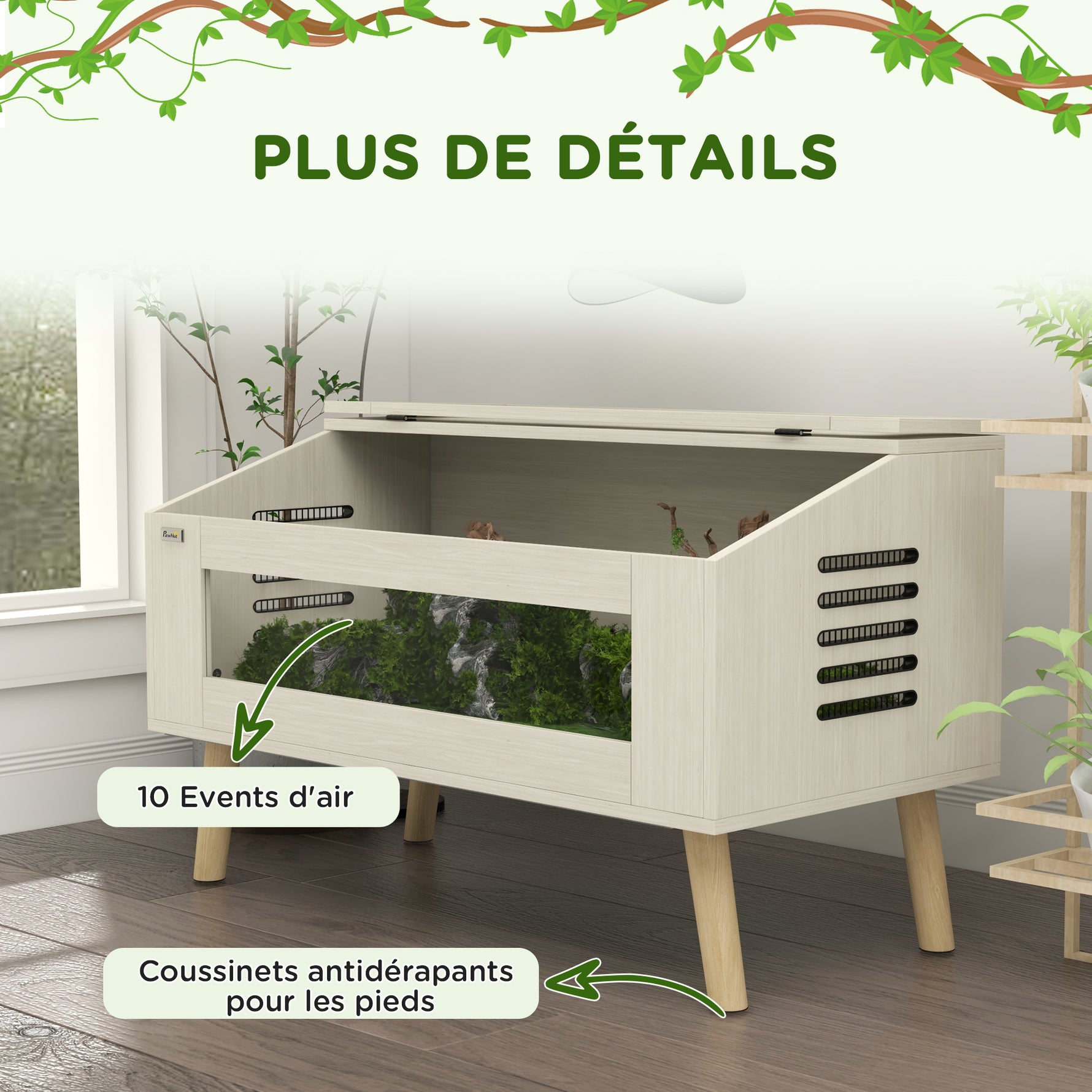 Terrarium pour reptiles, vivarium pour serpents 140L avec fenêtres en verre trempé, couvercle, 100 x 50 x 60 cm