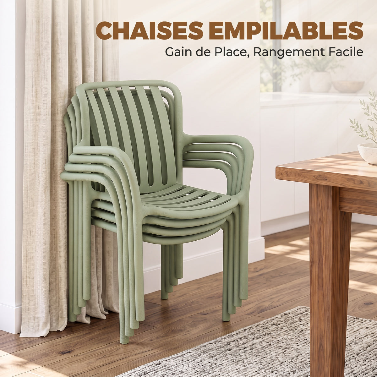 Lot de 4 Chaises Salle à Manger, Chaises de Cuisine Empilables en PP avec Dossier Incurvé à Lattes et Accoudoirs, Vert