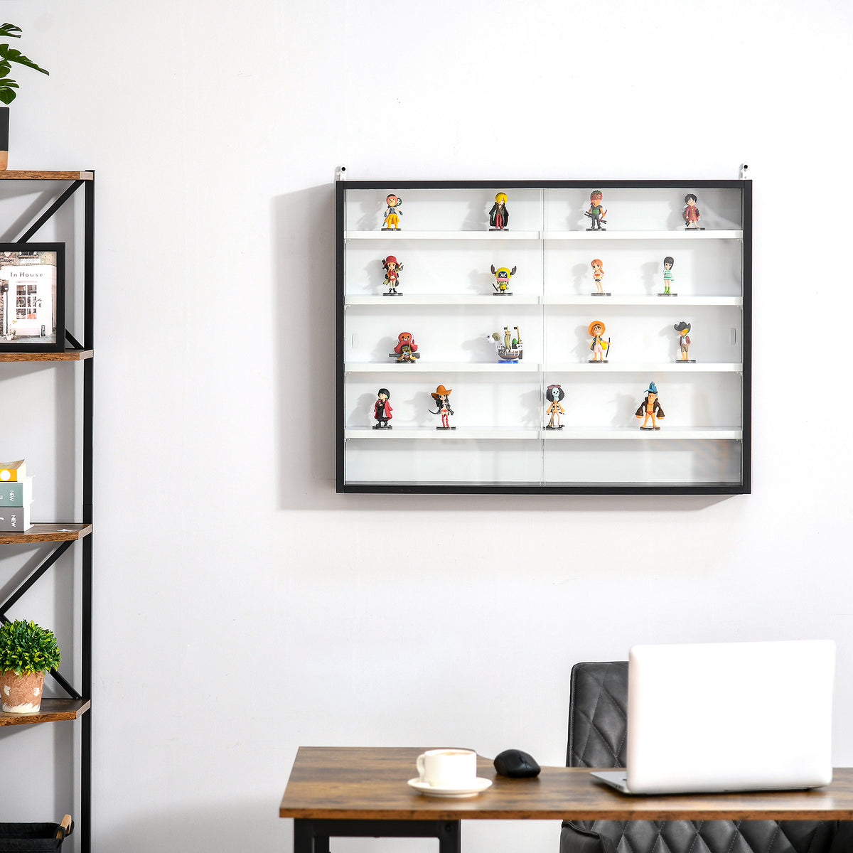 Wandvitrine voor verzamelobjecten, 4 in hoogte verstelbare planken en 2 schuifdeuren, 80 x 9,5 x 60 cm, zwart
