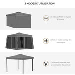 Tonnelle de jardin extérieur 3 x 3 m, barnum avec toit double, rideaux et moustiquaire, cadre en aluminium, gris foncé