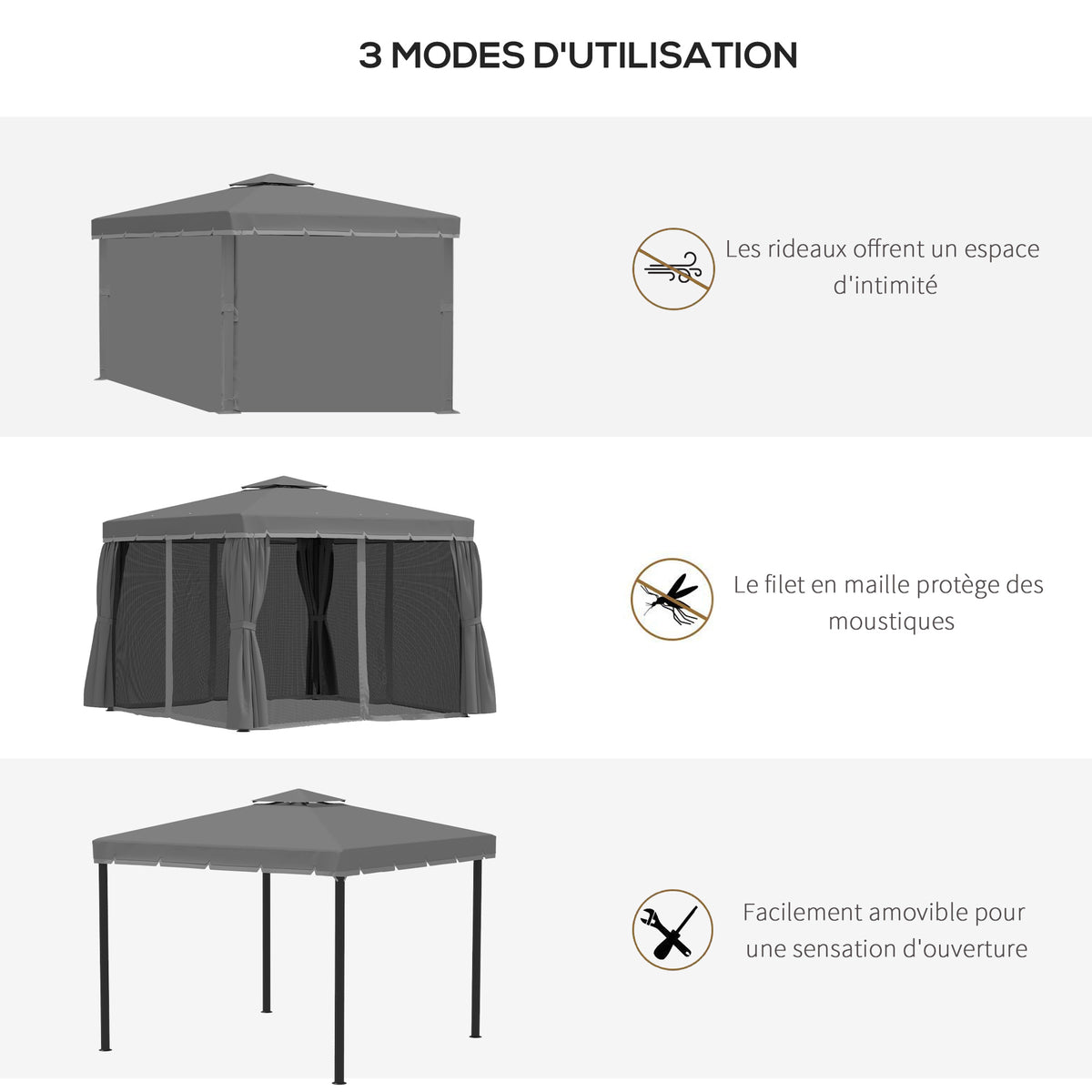 Tonnelle de jardin extérieur 3 x 3 m, barnum avec toit double, rideaux et moustiquaire, cadre en aluminium, gris foncé