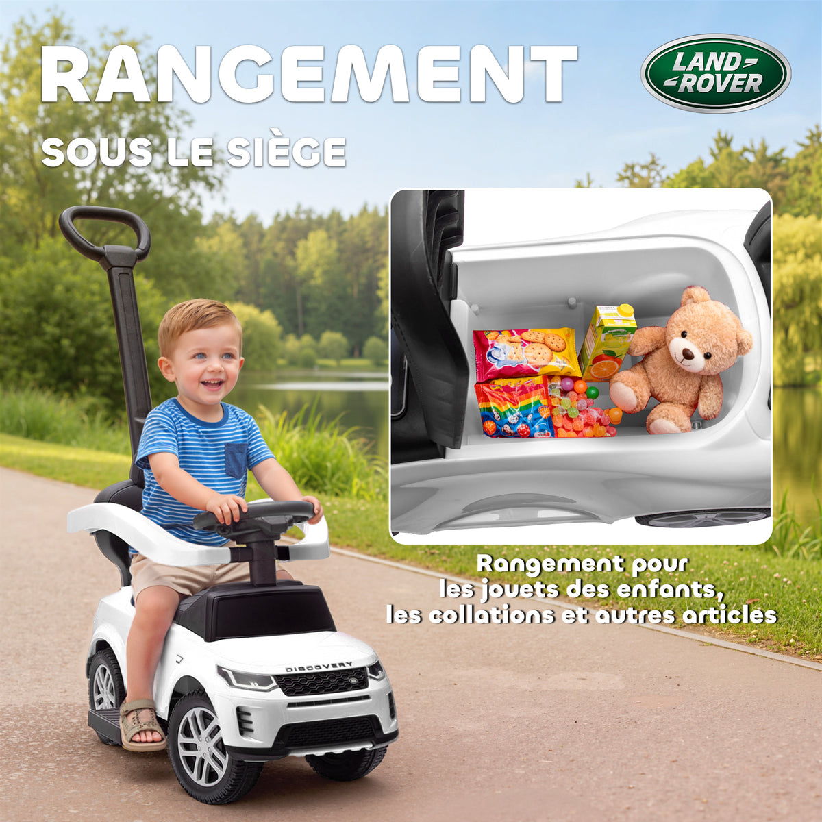 Porteur enfants Land Rover Discovery sous licence, porteur voiture à pousser avec poignée amovible, 84x40x94,5cm, blanc