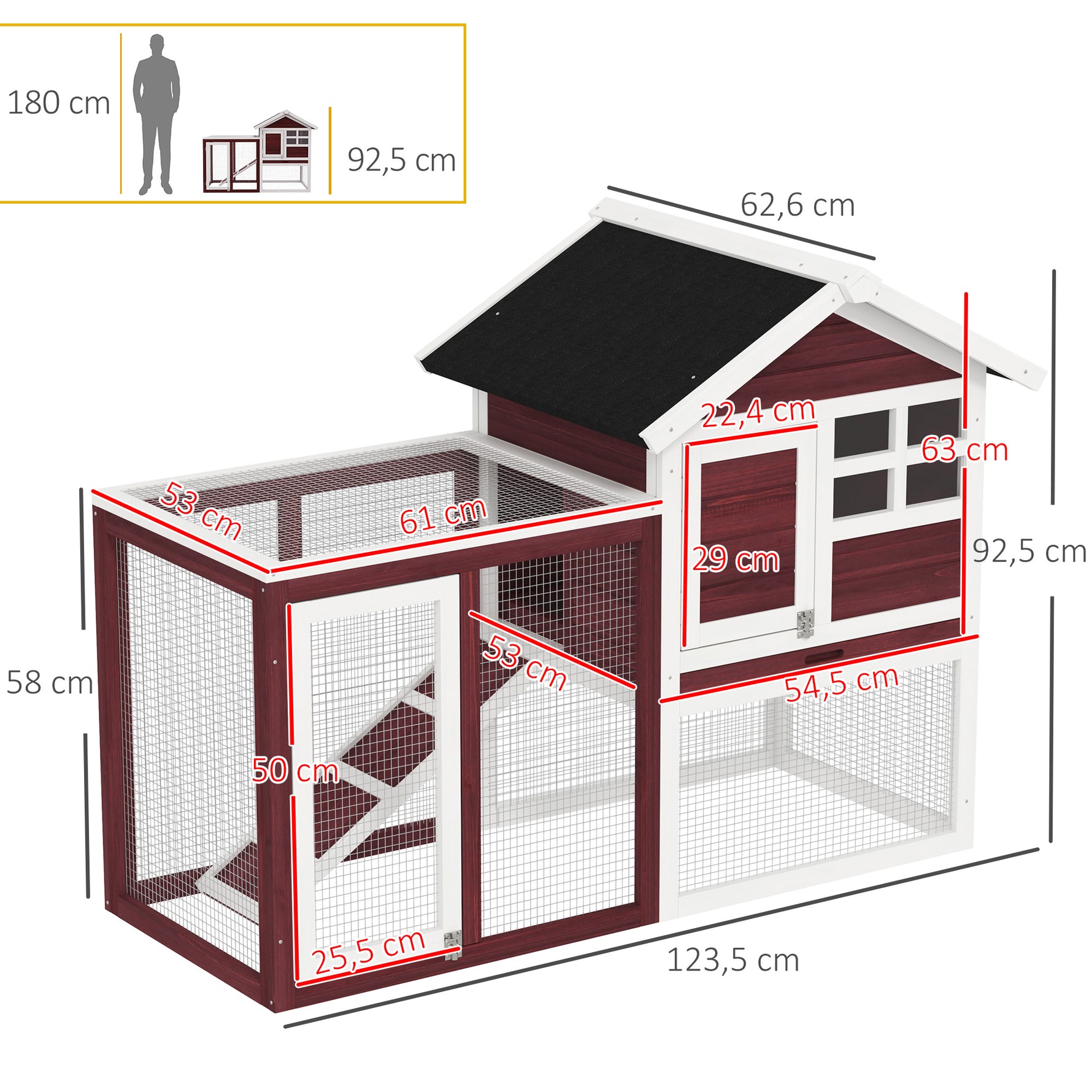 Clapier cage à lapins multi-équipé : niche supérieure avec rampe, plateau excrément, fenêtre + enclos  extérieur sécurisé 2 portes 123,5L x 62,6l x 92,5H cm rouge brique