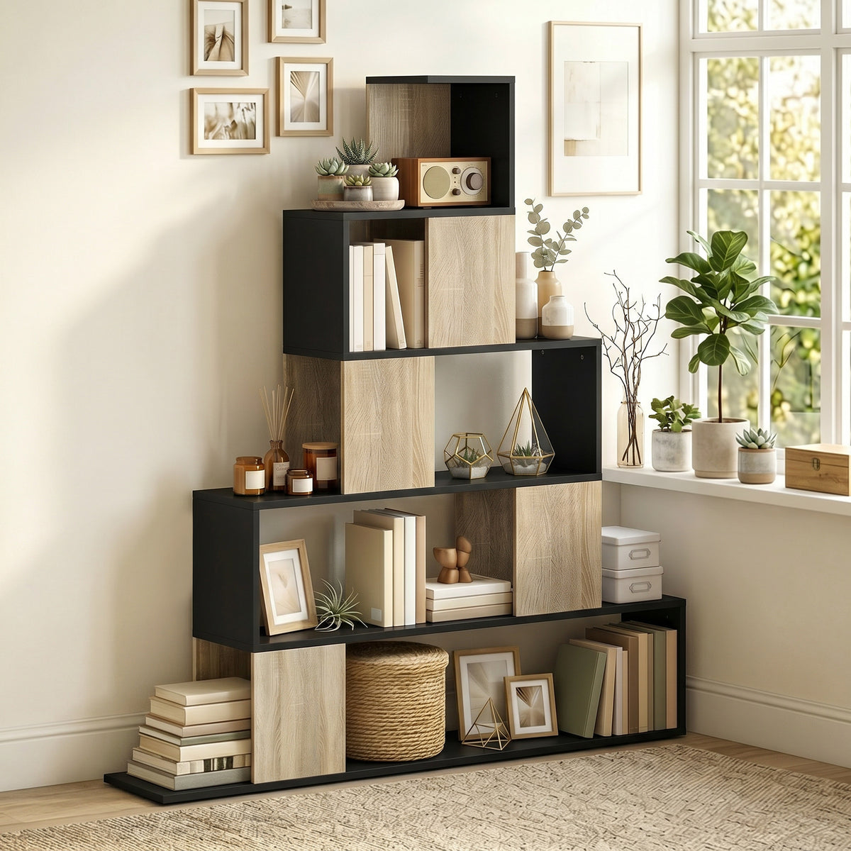 Étagère de rangement, bibliothèque géométrique à 5 niveaux, pour bureau, salon, chambre, noir et bois naturel