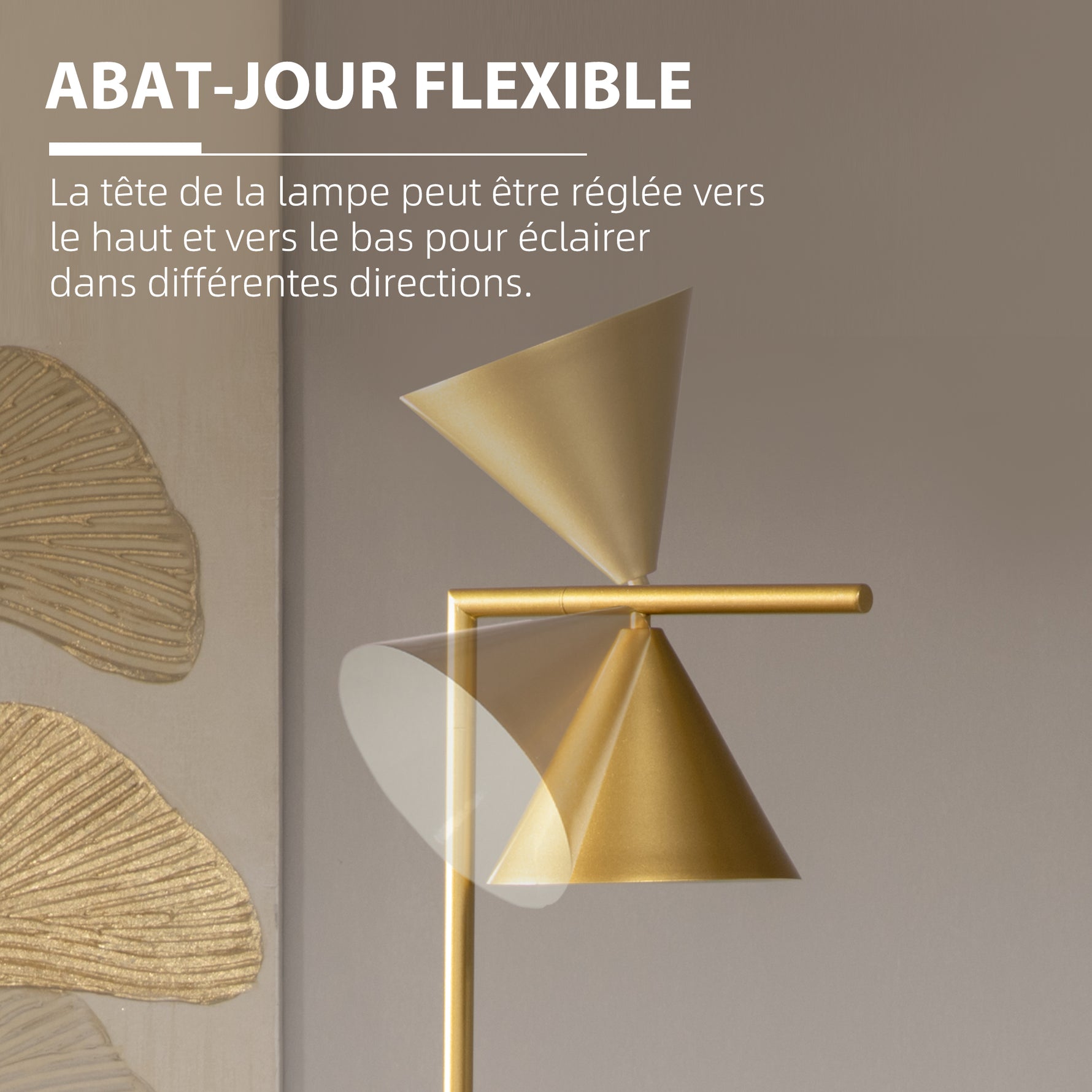 Lampadaire sur pied salon en acier avec abat-jour conique orientable base marbre 40W 35 x 26 x 153 cm doré