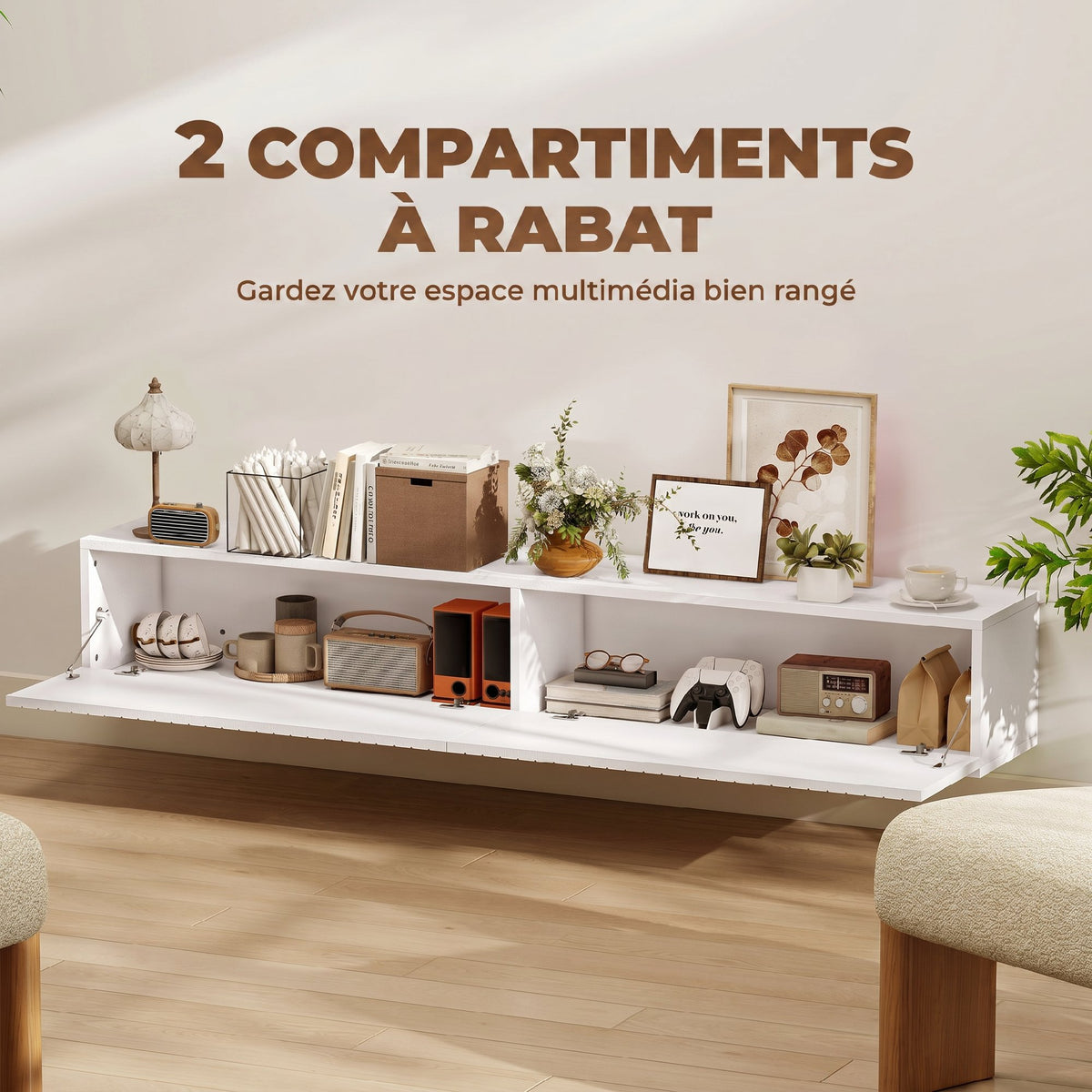 Meuble TV suspendu 140cm, meuble télé pour téléviseur 72 pouces, 2 portes rabattables, 140x25x22cm, blanc