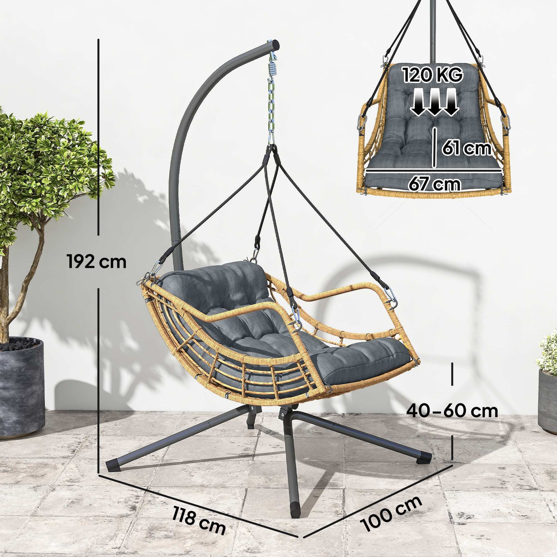 Fauteuil suspendu en résine tressée avec support, chaise suspendue, coussin, attache de sécurité, hauteur réglable, gris