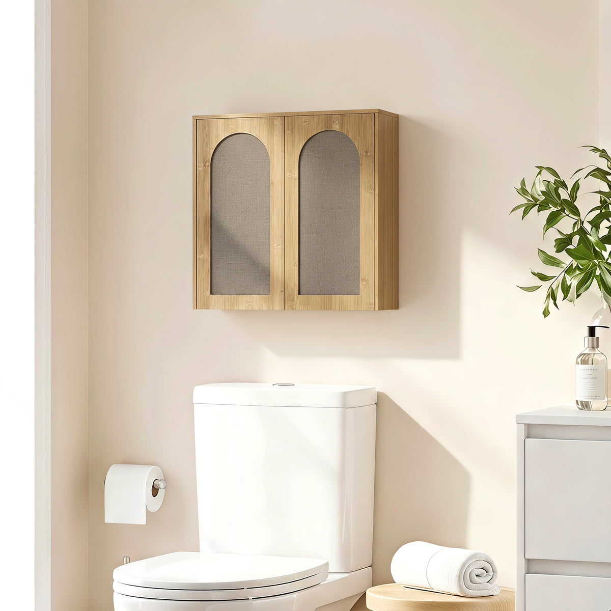 Armoire murale de salle de bain bohème avec 2 portes effet rotin à fermeture douce et étagère réglable, chêne