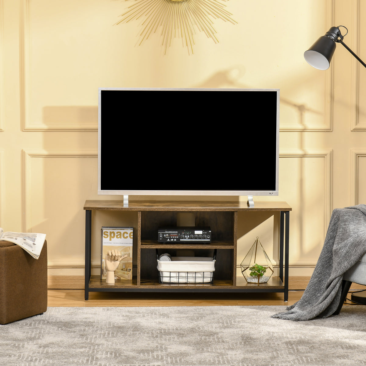 Meuble TV, meuble télé avec compartiments ouverts, étagère réglable, 110x40x50cm, brun rustique