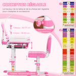 Ensemble chaise et bureau pour enfants avec lampe LED hauteur réglable plateau incliné support de lecture rose