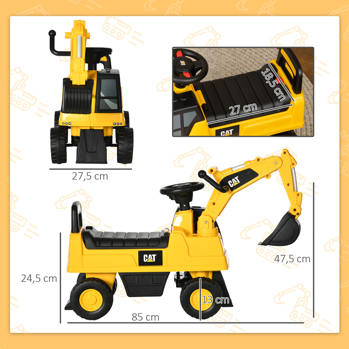 Tractopelle enfant sous licence CAT, porteur enfant, pelle manuelle, klaxon et rangement caché, 85x27,5x47,5cm, jaune