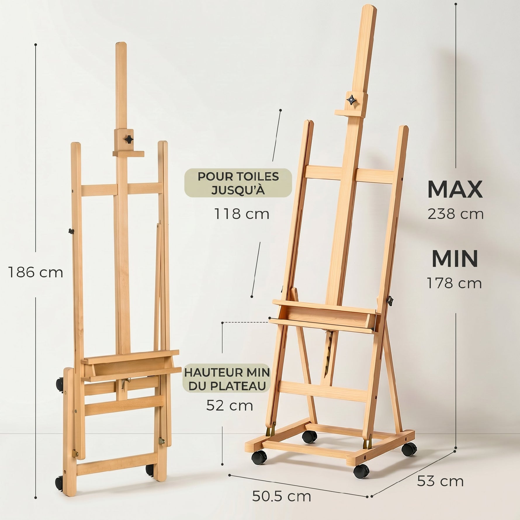 Chevalet d'artiste sur roulettes pliable en bois de hêtre pour toiles à peindre jusqu'à 118 cm bois naturel