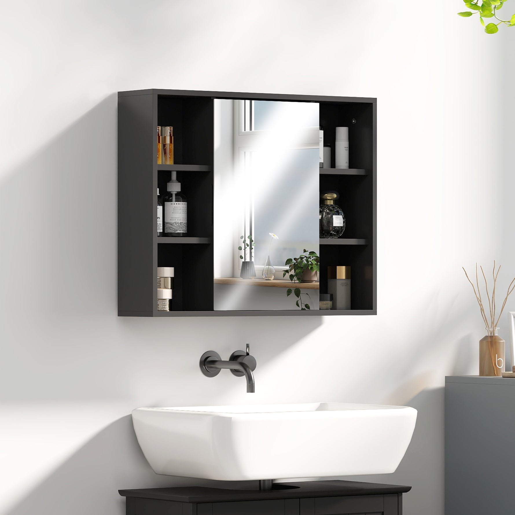 Meuble salle de bain avec miroir, placard à portes et 6 compartiments ouverts, 60 x 14,5 x 49,4 cm, noir