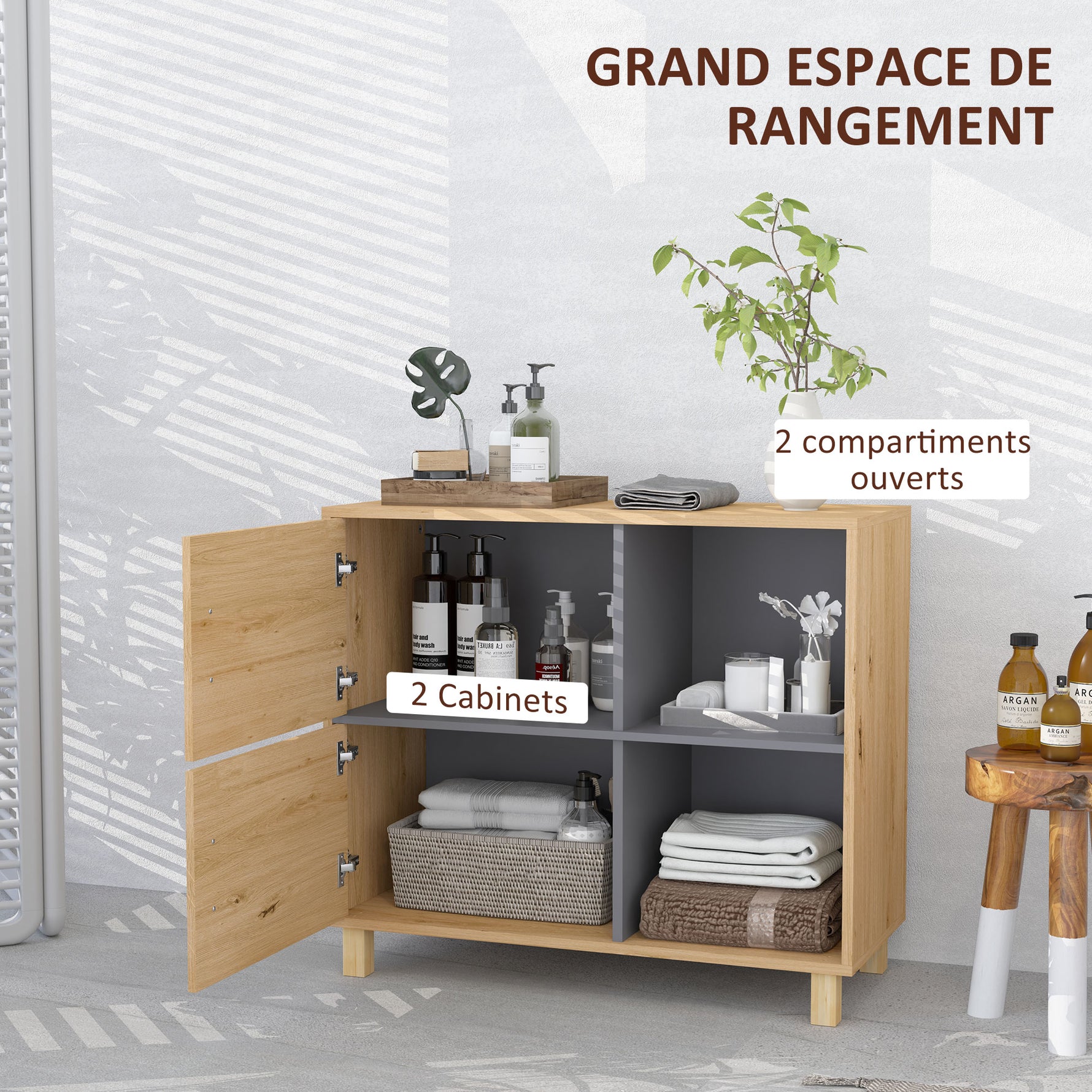 Meuble de salle de bain, meuble de rangement avec compartiments ouverts et placard, dim. 80 x 35 x 70 cm, bois naturel