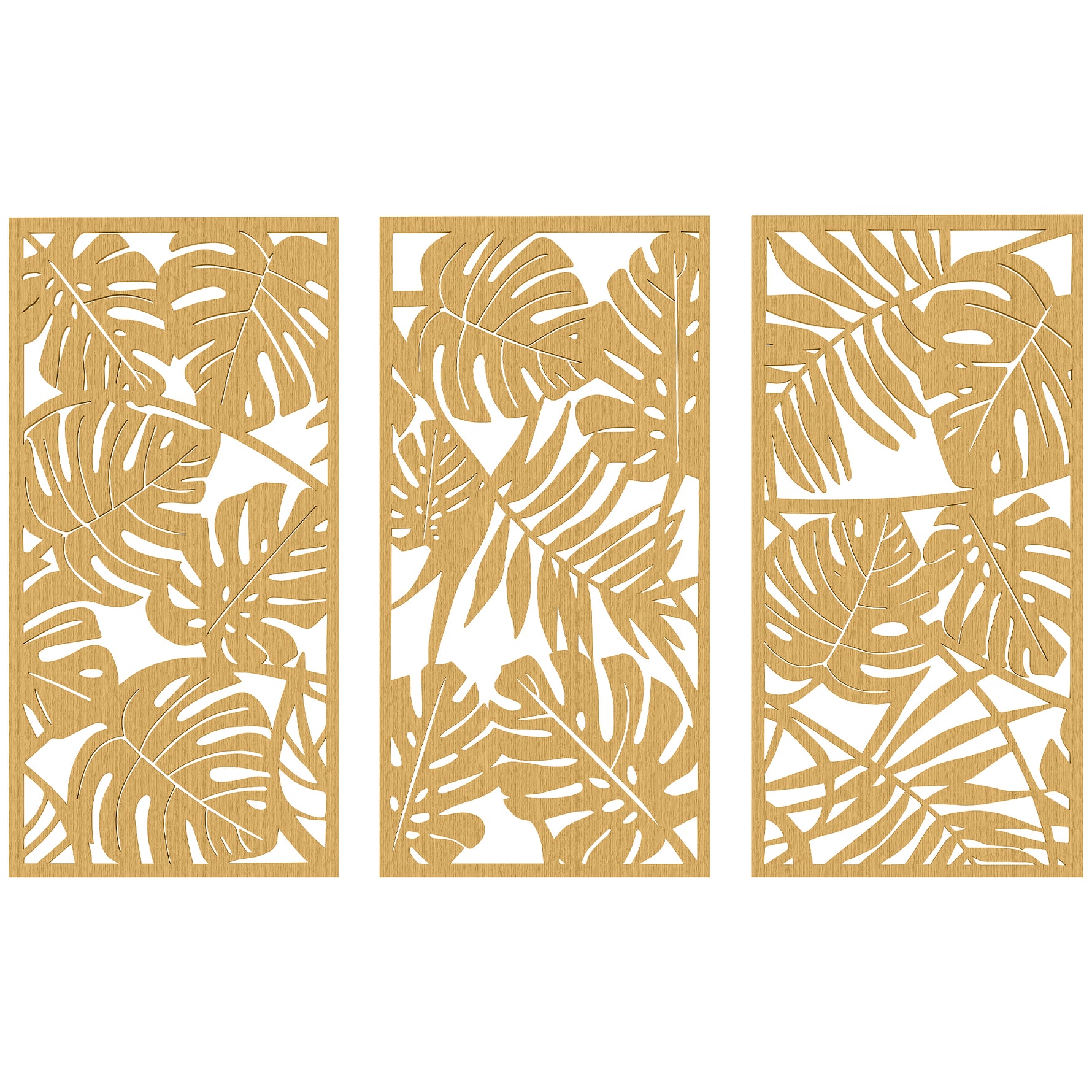 Ensemble de 3 Décorations Murales en Bois 3D, 40 x 80 cm, Feuilles Tropicales, Effet Bois Naturel