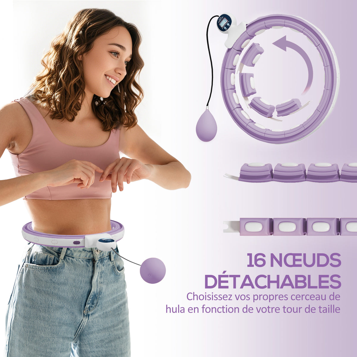 Hula hoop cerceau avec picots de massage ajustable 76-113 cm de tour de taille 16 segments amovibles 139x4,5cm violet