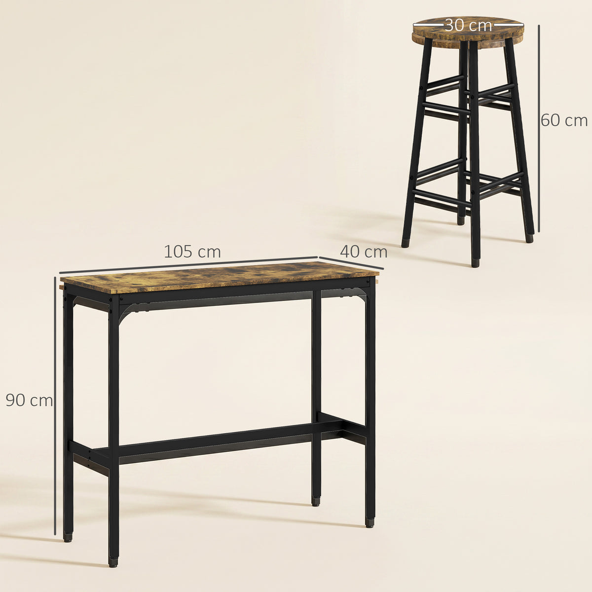 Conjunto de mesa alta de bar + 2 taburetes, estructura de acero, tablero con efecto madera de caoba, para 2 personas, negro