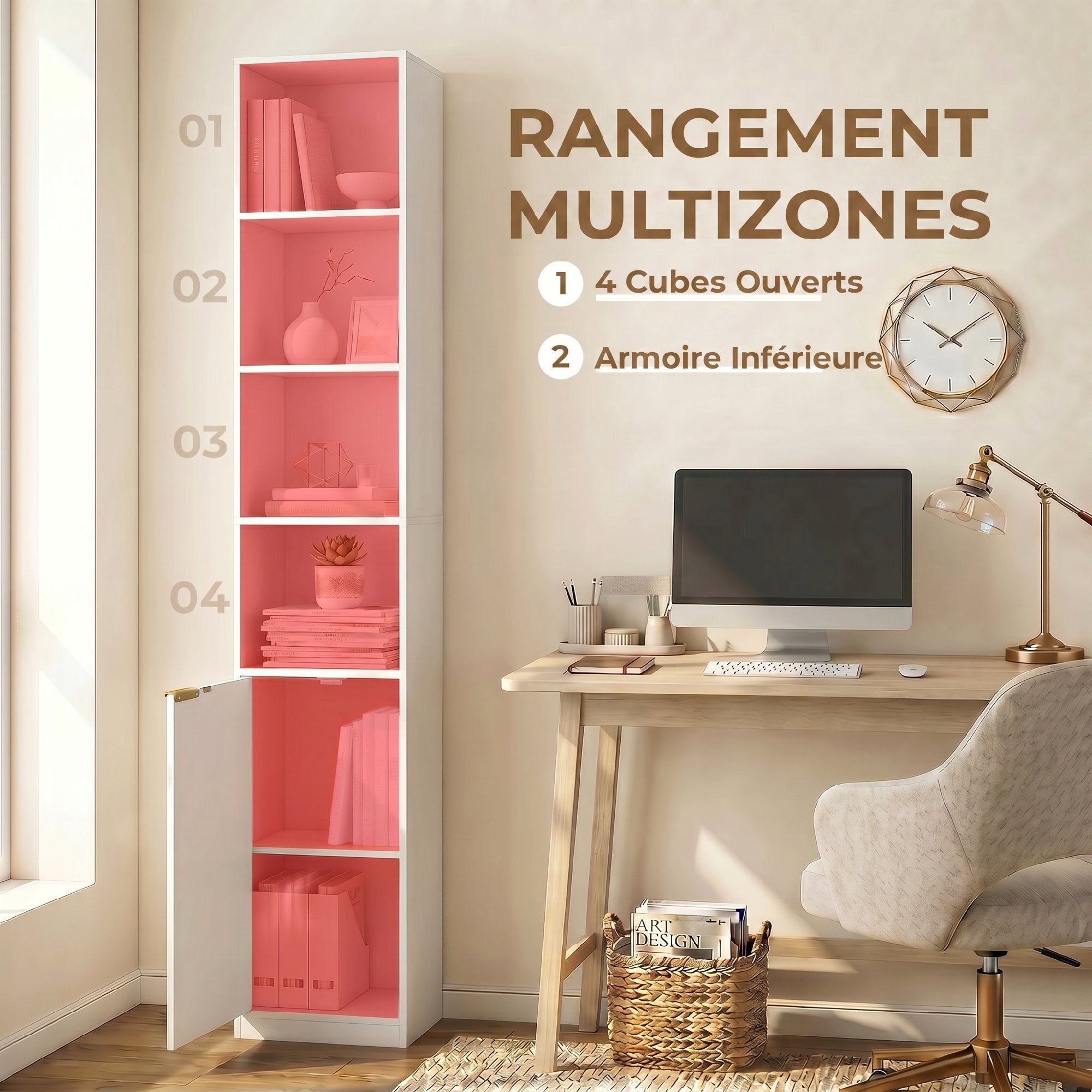 Bücherregal, Regal mit 6 Ebenen, 30 x 24 x 182 cm, Aufbewahrungsmöbel mit Schrank und verstellbarem Fachboden, Weiß