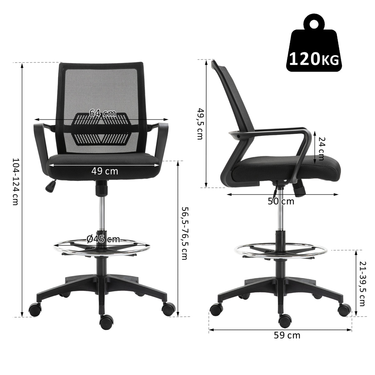 Fauteuil de bureau chaise de bureau assise haute réglable dim. 64L x 59l x 104-124H cm maille respirante noir