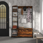 Porte-manteau avec étagère à chaussures 10 crochets, 3 étagères, armoire à chaussures rabattable 2 niveaux, marron