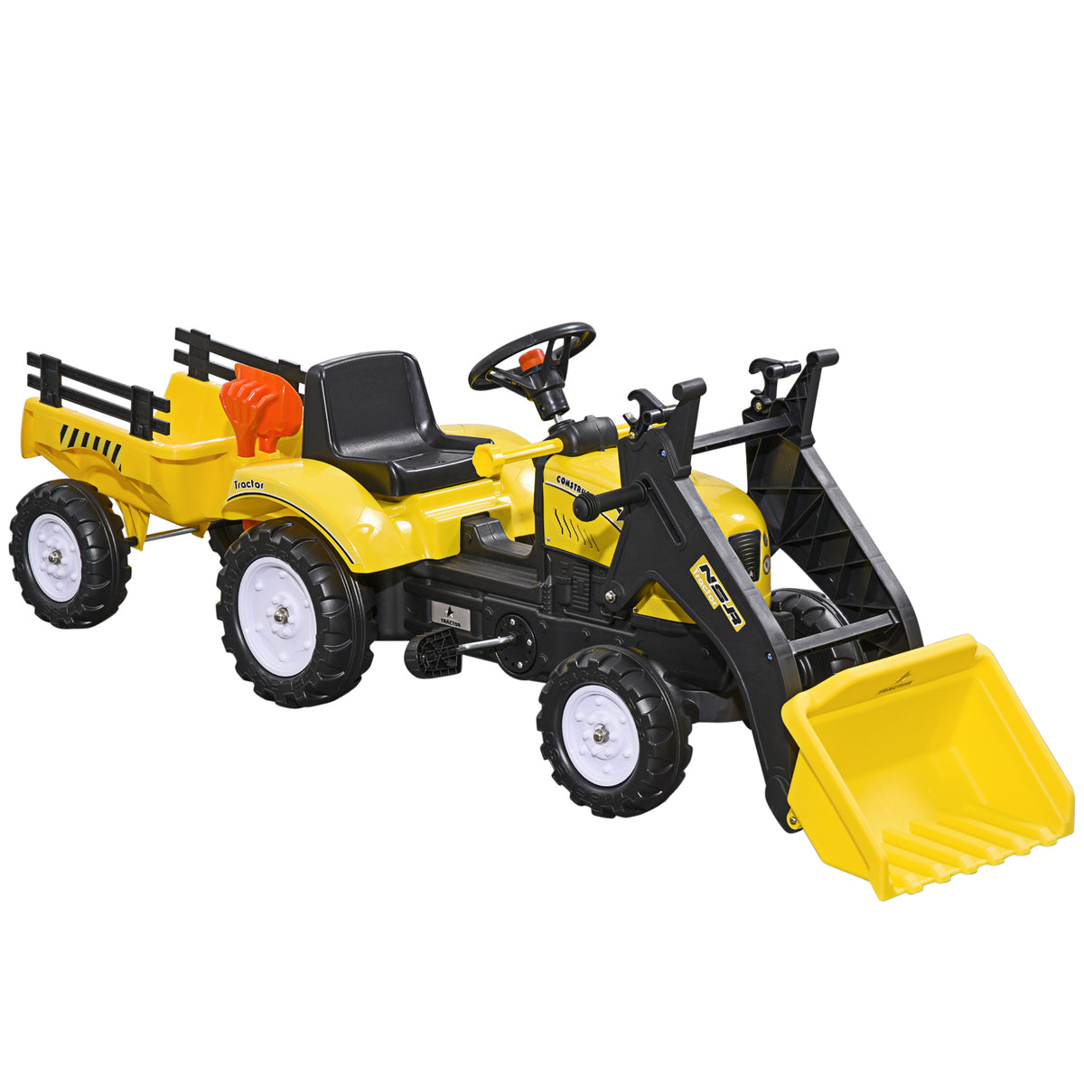 Pedal tractor backhoe with trailer, shovel and rake, outdoor toy for children aged 3 and up, yellow and black