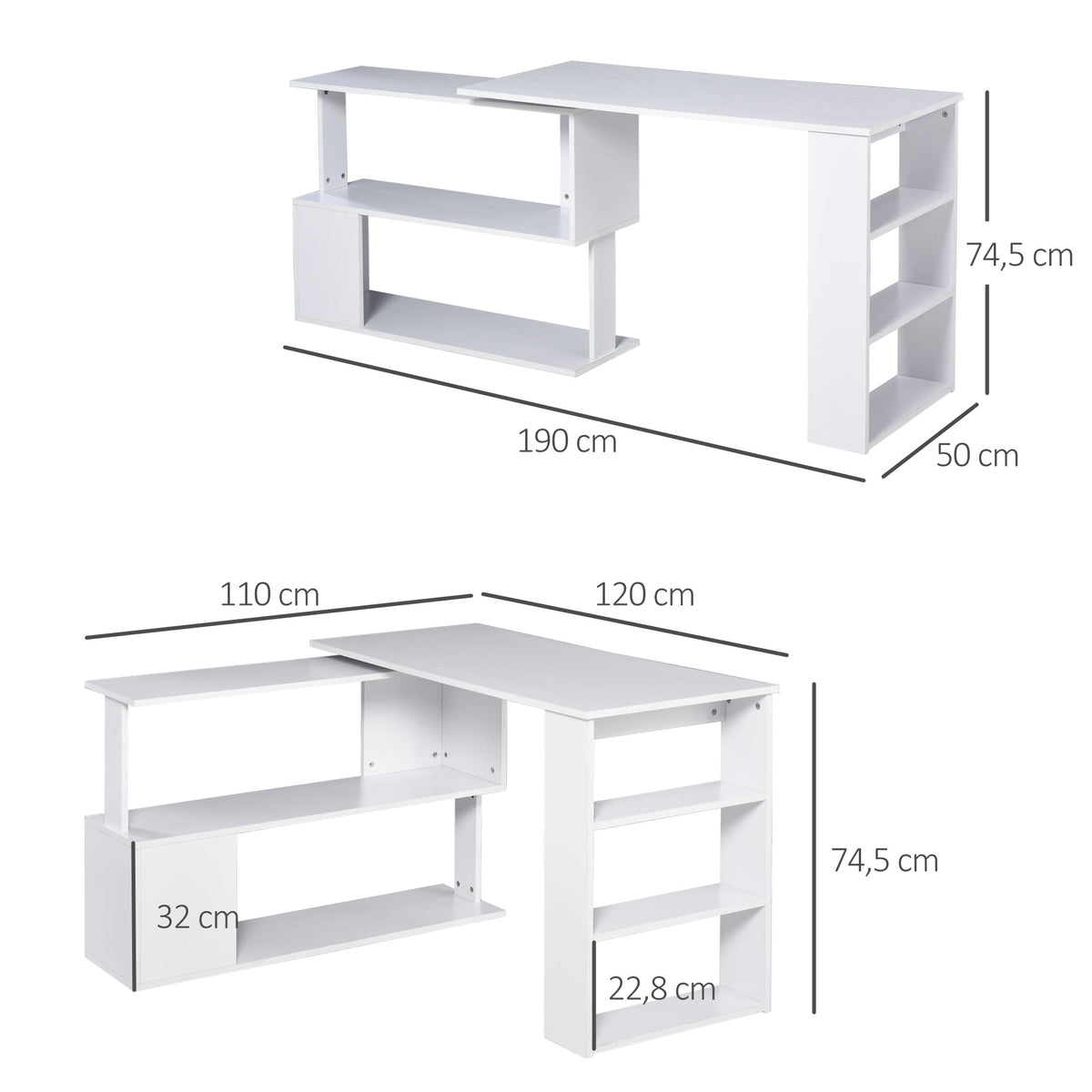 Scrivania angolare tavolo da pranzo con contenitore scrivania per computer modulare libreria integrata + scaffale a 3 livelli bianco