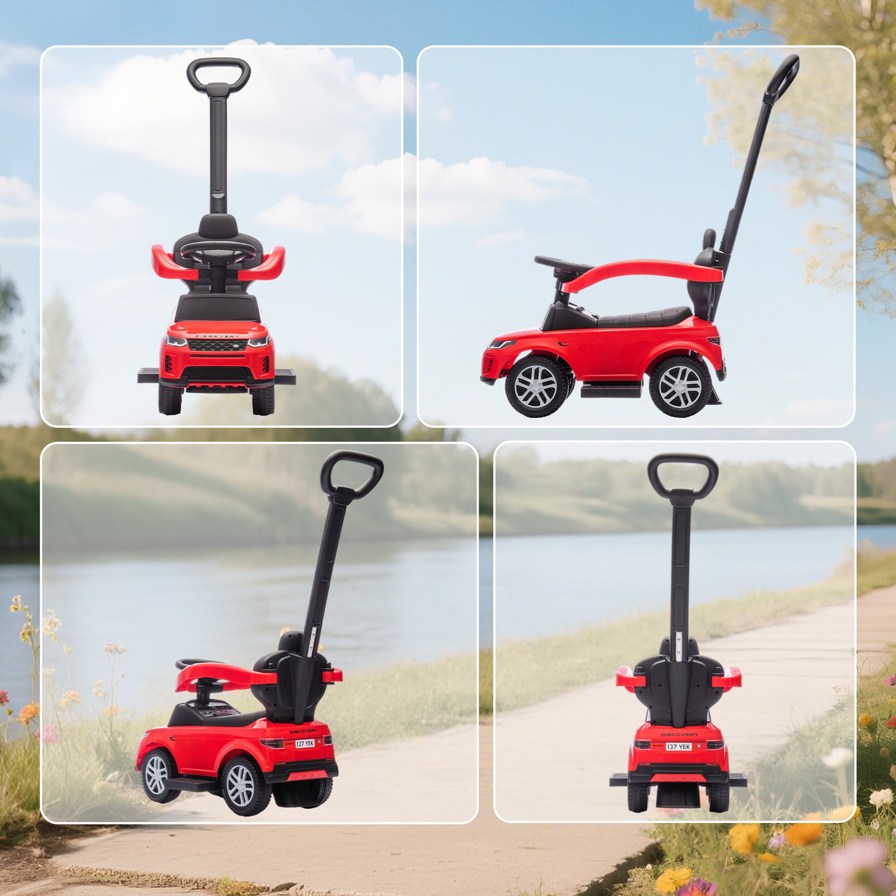 Porteur enfants Land Rover Discovery sous licence, porteur voiture à pousser avec poignée amovible, 84x40x94,5cm, rouge