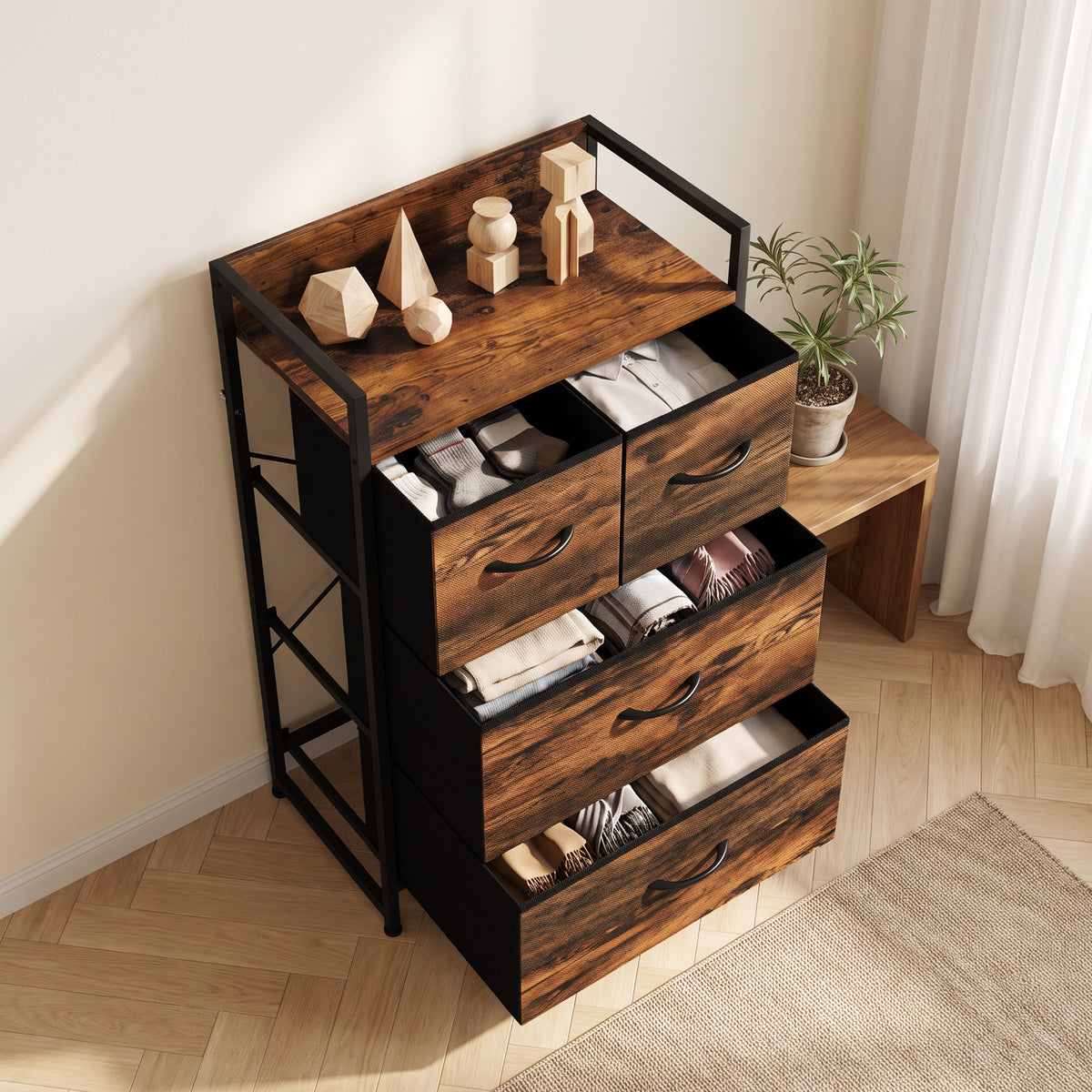Mobile contenitore stile industriale, cassettiera con 4 cassetti in tessuto pieghevoli e rimovibili e 1 ripiano - 50 x 29 x 85 cm