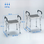 Shower stool for the elderly and disabled with armrests, height adjustable, non-slip feet, gray