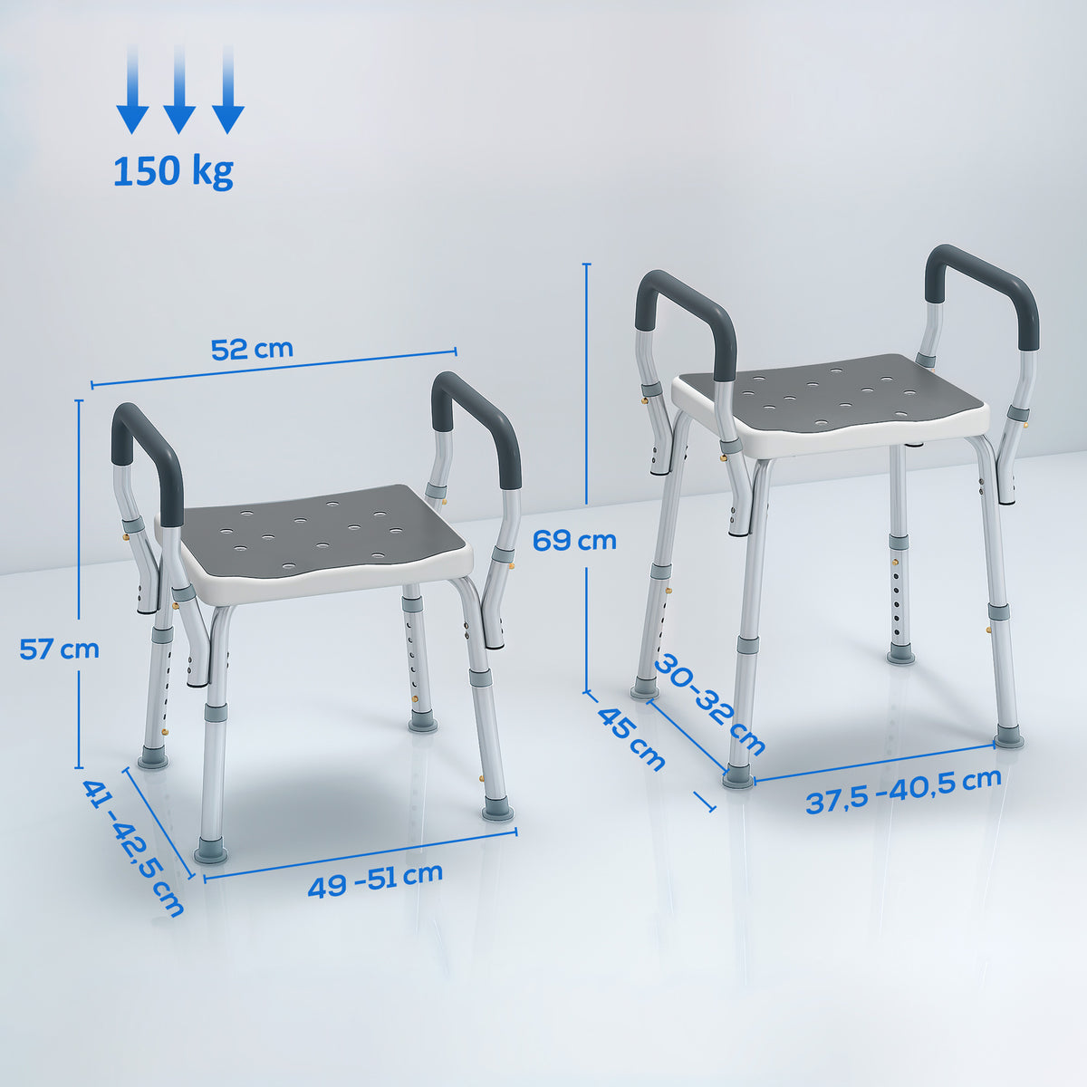 Shower stool for the elderly and disabled with armrests, height adjustable, non-slip feet, gray