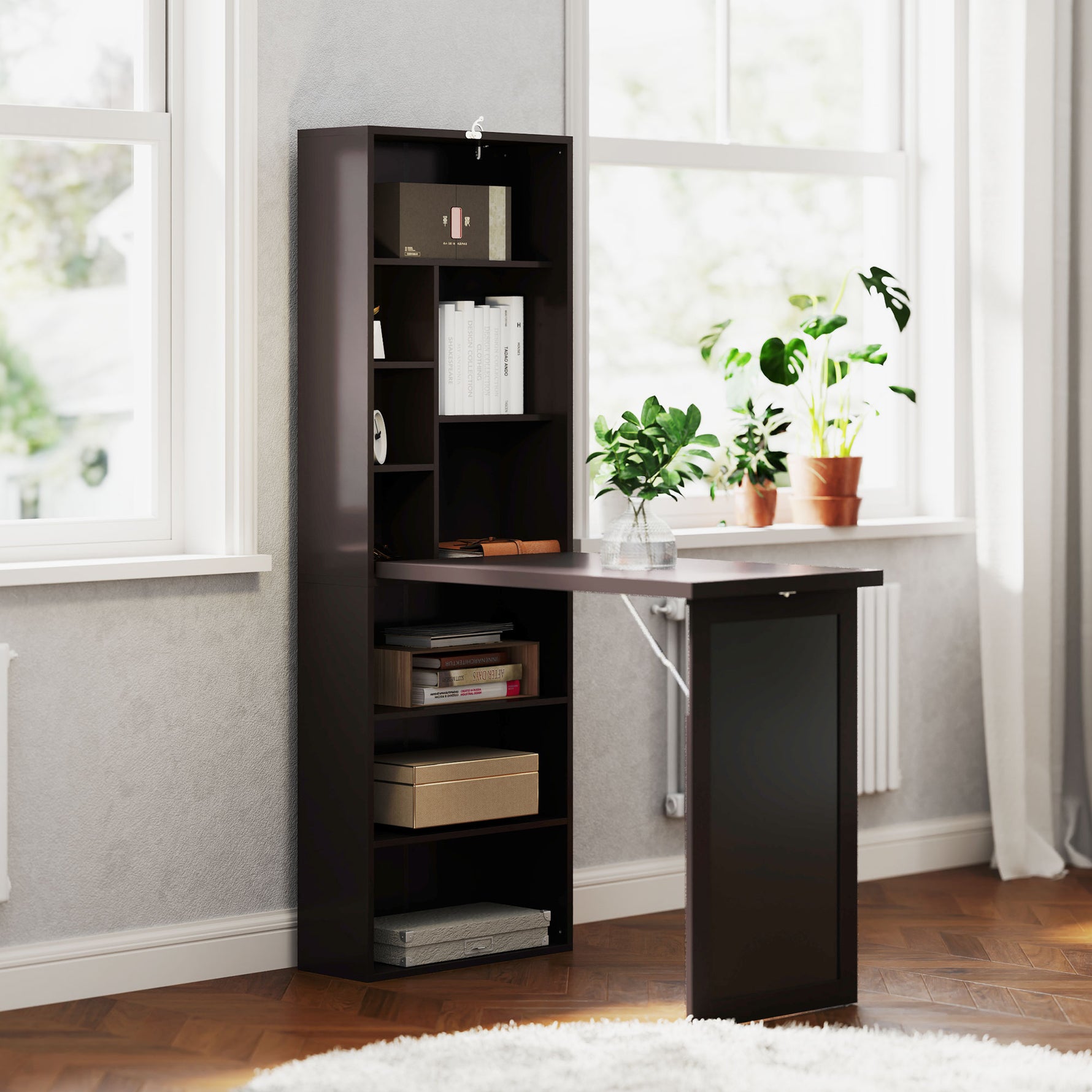 Bureau avec rangement pliable murale rabattable avec bibliothèque poste de travail tableau à craie et étagère réglable